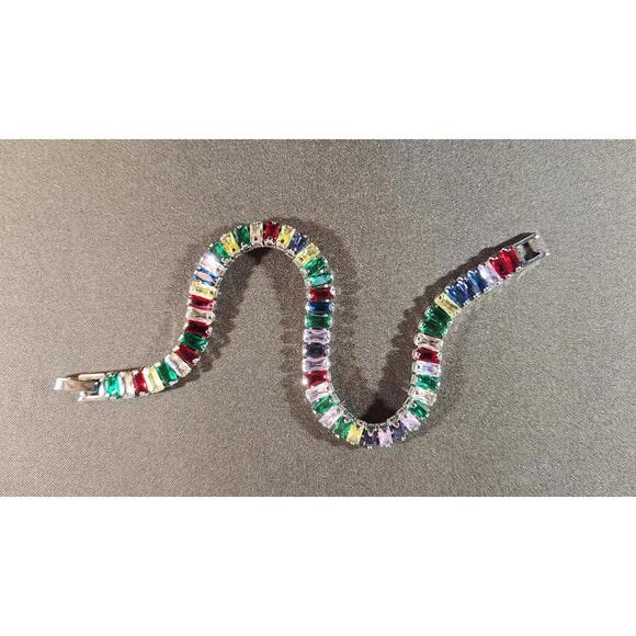 Vibrant Mulit-Color Stainless Steel & CZ Tennis Bracelet, Silver, Unisex, Sz. 8 - Picture 3 of 8
